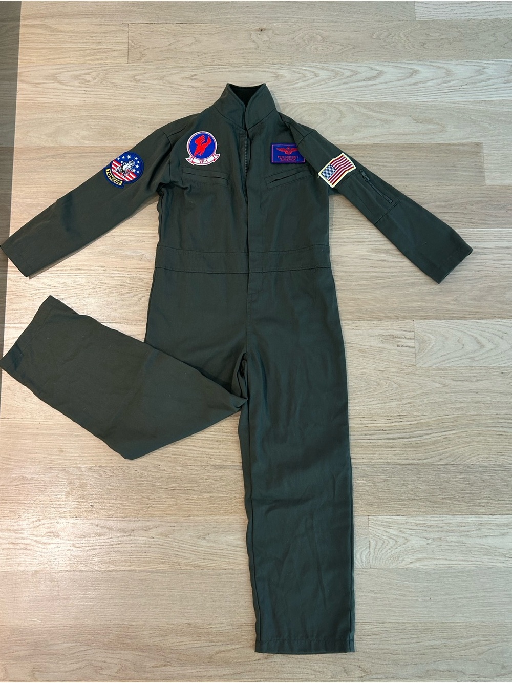 Kids Olive Green Pilot Flight Costume Jumpsuit with Patch Details